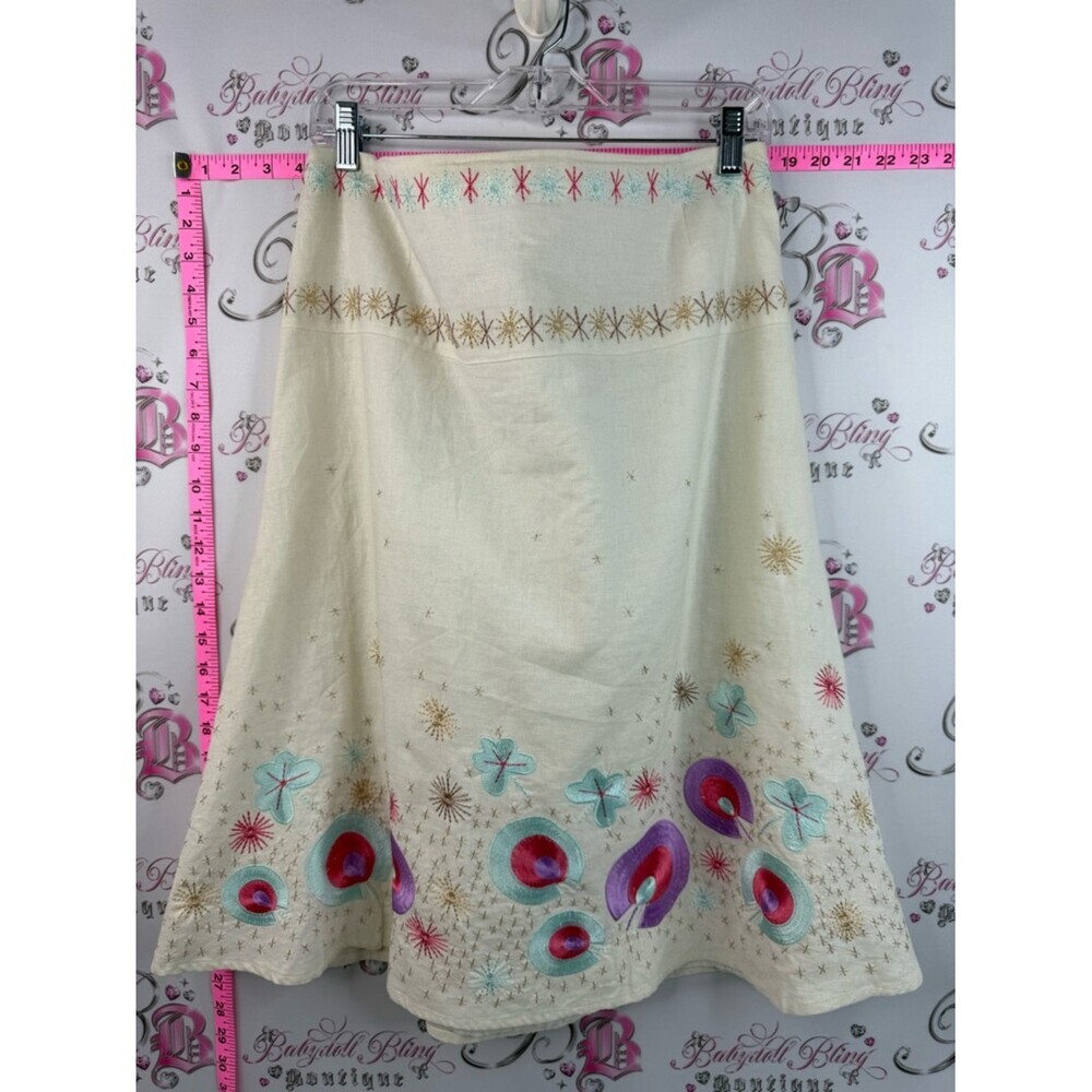 Malcolm & co skirt linen Embroidered Cream A-Line Skirt Multicolor Floral Motifs